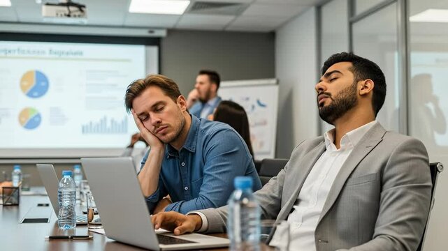 Bored Business Professionals in Meeting Room with Charts and Presentations