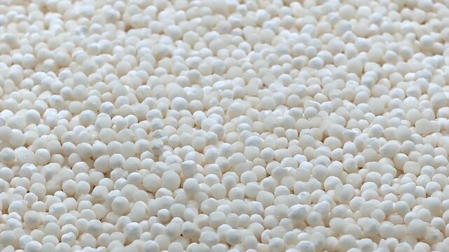 Macro zoom on dry white tapioca pearls showing spherical organic texture