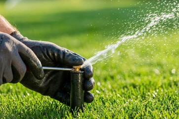 Close-up of a gardener's gloved hands adjusting a lawn sprinkler head, spraying water over vibrant green grass.