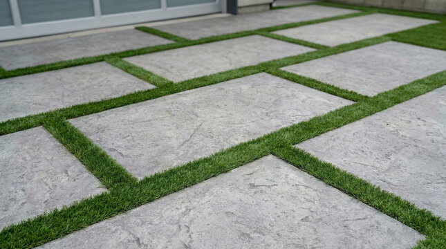 A modern patio with large grey concrete pavers and artificial green grass strips, perfect for contemporary outdoor landscaping design.