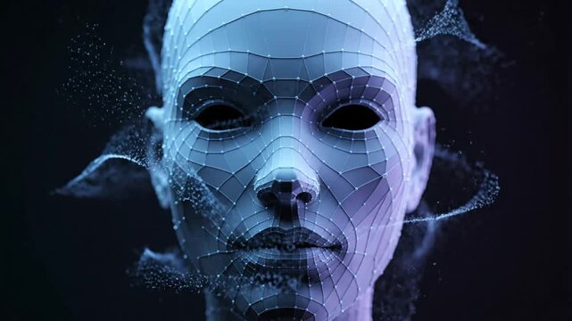 Abstract 3D Human Face Wireframe with Particle Effects - Futuristic Tech Concept