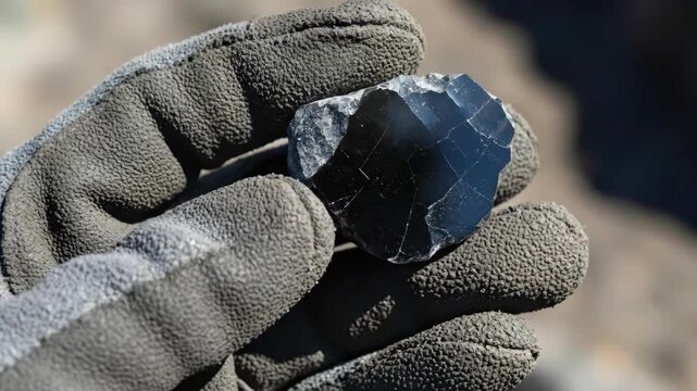 Man holding a piece of black obsidian rock in a hand protected by a working glove. Geologist showing volcanic glass.