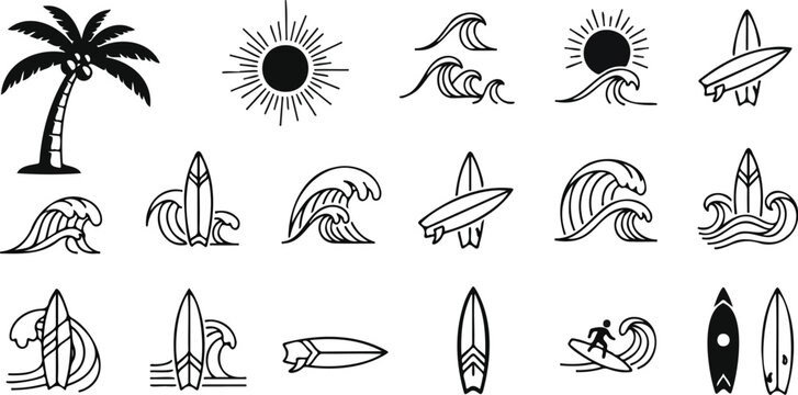 Collection of black and white vector icons depicting tropical beach and surfing elements like palm trees, sun, waves, and surfboards. 