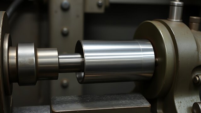A conical metal lathe mandrel rotating with an unfinished tube sleeve fitted over it.