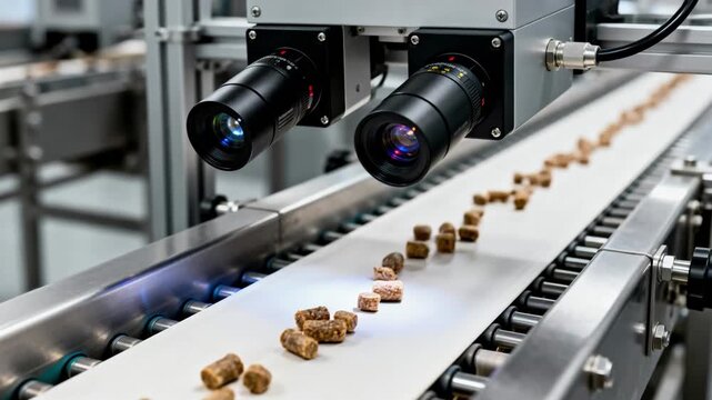 Medium shot of automated vision system with highspeed cameras inspecting kibble color and size on a singlelane conveyor belt in a food production line.