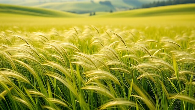 Field of ryegrass swaying in the breeze under morning sunlight, serene landscape.