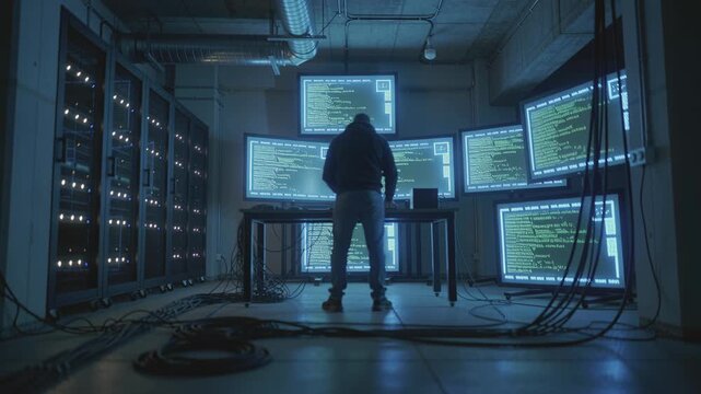 Man in hoodie works on multiple computer monitors showing code in a data center for cybersecurity and programming concept