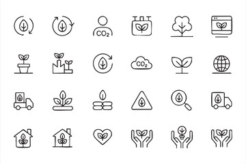 Carbon Footprint Outline Icons for Climate Apps, Renewable Energy Interfaces