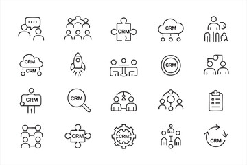Fototapeta premium CRM Customer Management Line Icons for Sales Pipeline Dashboards, Team Collaboration Apps