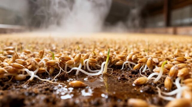 Medium shot of germination floor with sprouting barley grains showing natural floor maltings process under humid atmospheric conditions.