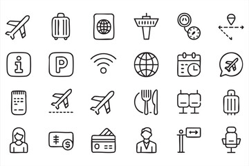 Fototapeta premium Passenger Journey Line Icons for Terminal Wayfinding, Tourism Apps