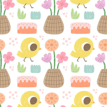 Paschal seamless pattern with Easter cake, chik, spring flowers in basket.