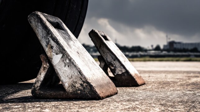Weathered wooden wheel chocks wedged against an aircraft tire on tarmac. mobility guides, transit brochures, designed for mobility and urban transit guides, used by supply chain planners.