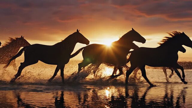 Wild horses running freely through water at sunset