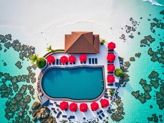 Aerial view of a Bali beach club, pool, loungers, red umbrellas on white sand, turquoise ocean, coral reefs,  aerial view,  ocean shore