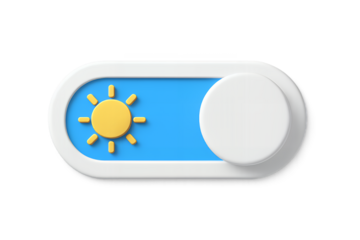Modern clean 3D toggle switch with a bright sun icon, clearly representing light mode for digital user interfaces, isolated on transparent background