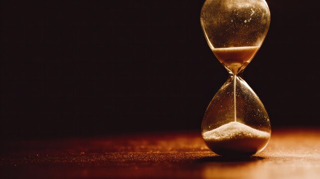Vintage hourglass with sand resting at the bottom, captured in dramatic warm lighting to convey reflection and inner focus. wellbeing guides, coaching materials