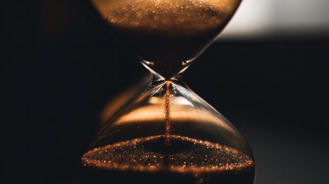 Nearly empty upper bulb hourglass illuminated by warm light, evoking patience, presence, and mindful transition. wellbeing guides,designed for emotional wellbeing and mindfulness learning.