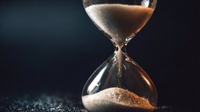 Hourglass with sand settled in the lower bulb under warm dramatic light, symbolizing time awareness and reflection. wellbeing guides, coaching materials