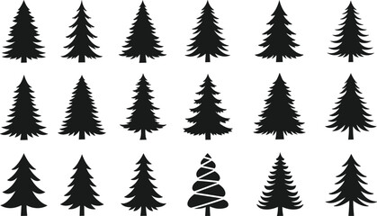 Naklejka premium Minimalist evergreen pine tree silhouettes set, black forest icons collection, Christmas winter nature symbols, modern flat vector illustration bundle