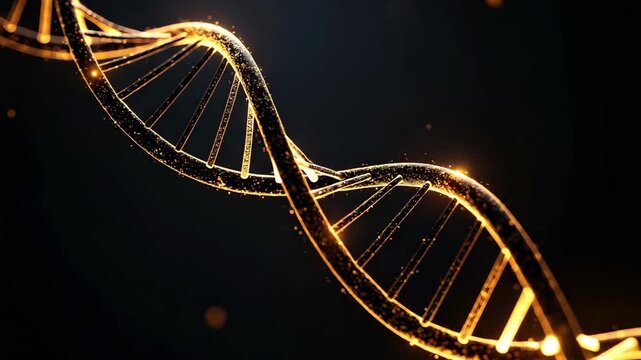 Golden glowing DNA double helix structure, genetic code visualization on a dark background, science and technology concept.