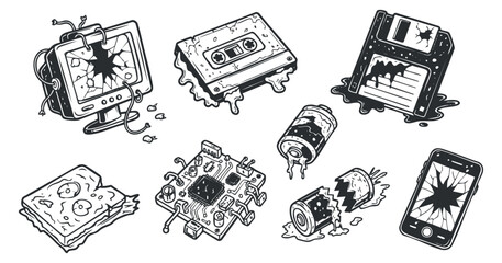 A collection of broken vintage gadgets and electronics in black and white cartoon vector style, ideal for tech-themed projects
