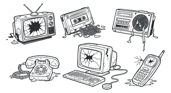 A collection of broken vintage electronics including a cracked television, a damaged computer, and an old rotary phone in black and white outline vector style, ideal for retro-themed designs