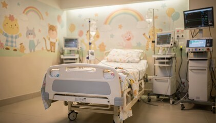 Medium shot of a pediatric recovery bay highlighting colorful wall decals and softly blurred medical equipment in the background creating a childfriendly postanesthesia