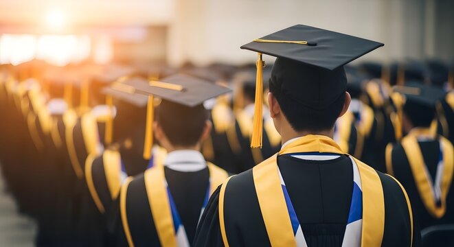 Graduation ceremony with people wearing black and gold academic regalia black gowns gold sashes