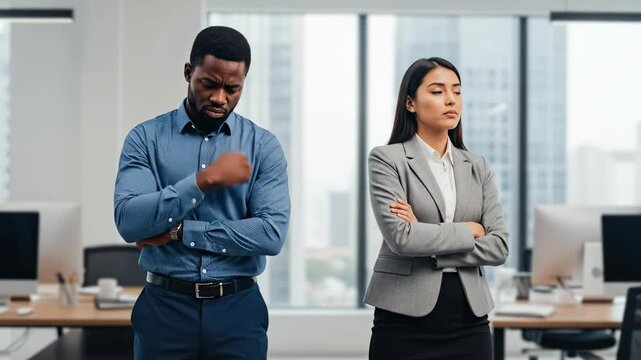 Professional Business Conflict Resolution Between Black Man and Asian Woman in Modern Office Setting