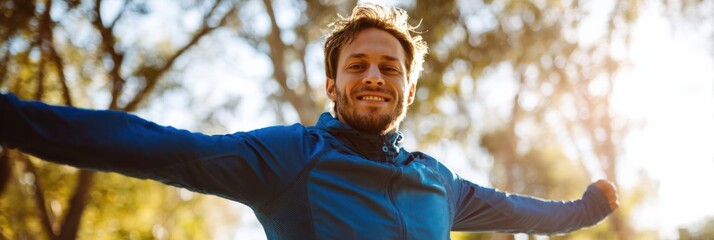 Joyful young caucasian male enjoying nature in sunlit park setting