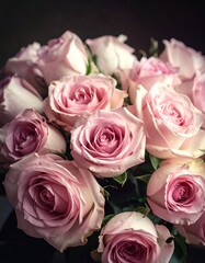 Naklejka premium A bouquet of delicate pink roses arranged elegantly, showcasing their soft petals and lush greenery