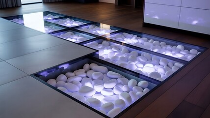 Illuminated white stones are visible beneath a section of glass flooring integrated into a contemporary interior space.