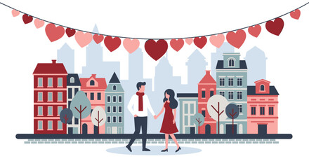 Valentine's Day lovers meeting in a romantic city setting for greeting cards, relationship blogs, and marketing materials