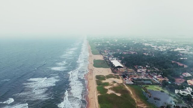 Chennai: Aerial view of famous city in India, iconic blue waters of Bay of Bengal - landscape panorama of South Asia from above