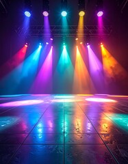 A vibrant stage illuminated by multicolored lights, casting reflections on a shiny floor