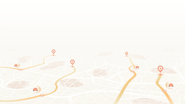 Light colored city map showing multiple vehicle locations with orange routes and red location pin markers. Vector illustration.