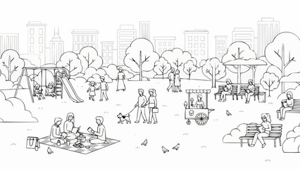 Obraz premium People enjoying a sunny day in a vibrant city park with playground and picnic areas.