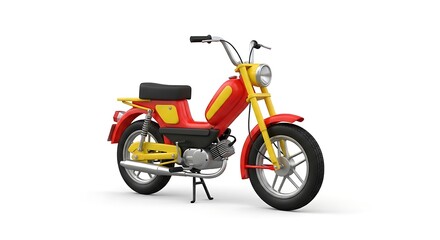 Obraz premium Vibrant retro moped with classic design, rendered in 3D, featuring bright red and yellow colors on an isolated white background, symbolizing nostalgic urban travel and freedom
