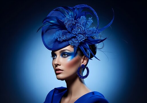 Elegant portrait of a woman in a striking blue outfit, adorned with a dramatic blue feathered fascinator hat