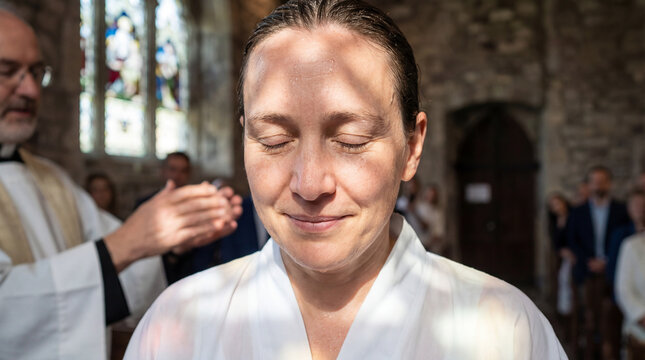 A woman with eyes closed receives a water baptism from a priest in a church. A holy sacrament representing spiritual rebirth and christian faith