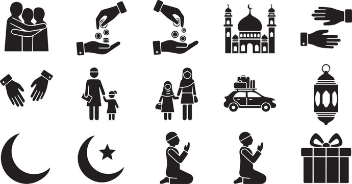Islamic Lifestyle and Charity Icon Set Featuring Zakat Donations, Family Hugging, Traveling for Eid, and Muslim Prayer Symbols