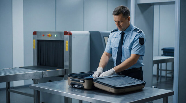 Airport security officer inspecting a passenger's suitcase at a checkpoint. Male agent in uniform performing a manual baggage search. Travel safety and transportation regulations concept