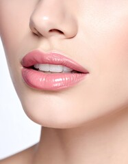 Naklejka premium Close-up view of a woman's lips showcasing a natural gloss and soft textures