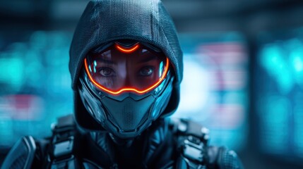 A futuristic figure in a high-tech suit, featuring glowing elements, stands against a backdrop of digital screens, exuding an aura of mystery and advanced technology.