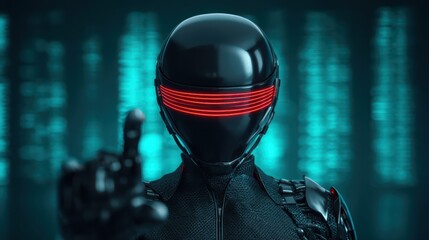 A futuristic robot with a sleek black design and glowing red visor points forward, set against a backdrop of digital data streams.