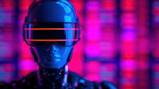 A futuristic robot with sleek design and glowing visor stands against a vibrant, colorful background, evoking a high-tech atmosphere.