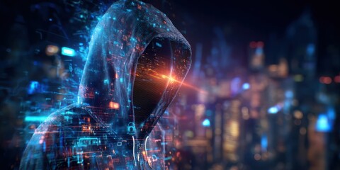 A digital figure cloaked in a hood, surrounded by vibrant data streams and city lights, conveys themes of technology and anonymity.