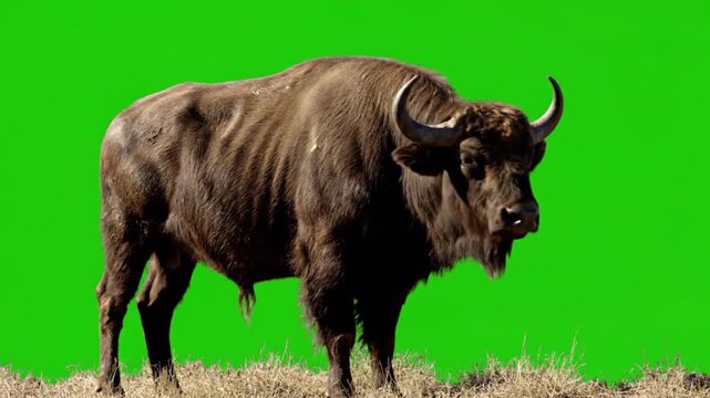 Powerful Wild Buffalo Standing Isolated on Green Screen Background