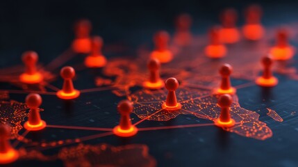 A digital map showcasing red markers connected by lines, symbolizing networking or connectivity across different regions.